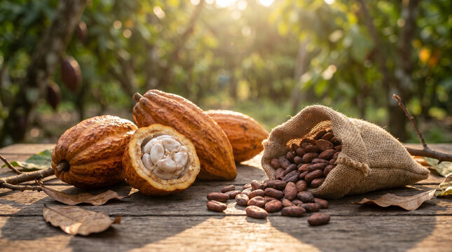 Fresh cocoa pods and beans on wooden table bathed in sunlight in a tropical plantation, a symbol of chocolate production and raw ingredients.