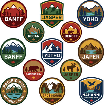 Collection of national park badges and labels with mountains and trees  various designs