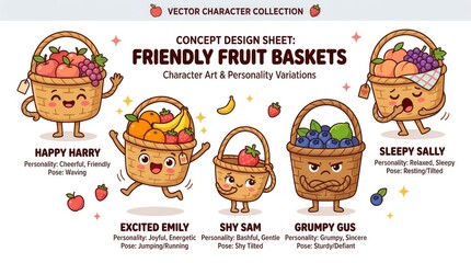 Fototapeta premium Friendly Fruit Baskets - Vector Character Collection Concept Design Sheet.