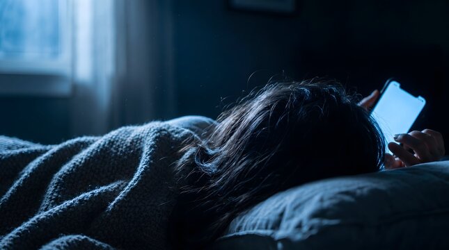 Sick or depressed woman checking smartphone text messages in dark bedroom feeling anxious weary and completely alone
