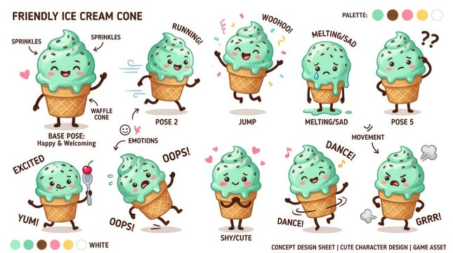 Friendly Ice Cream Cone Character Poses and Expressions Illustration.