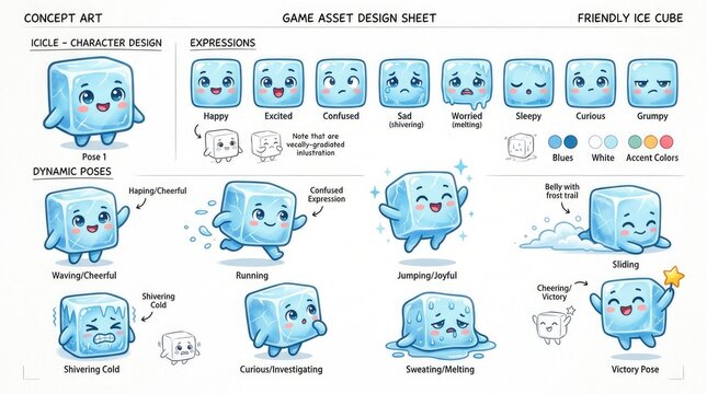 Friendly Ice Cube Character Design Sheet with Various Expressions and Poses.