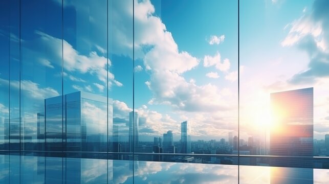 Modern office building or business center. High-rise window buildings made of glass reflect the clouds and the sunlight. empty street outside  wall modernity civilization. growing up business