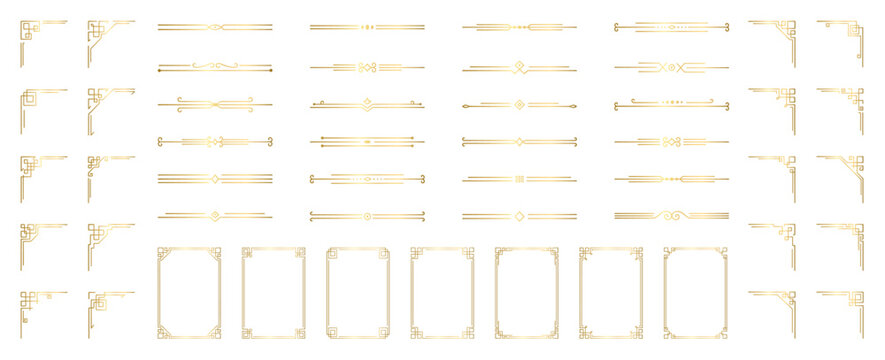 Gold photo frame and line text dividers. Deco corner frame, glowing geometric boarder and vintage separators set for wedding invitations. Decorative elements with golden ornament