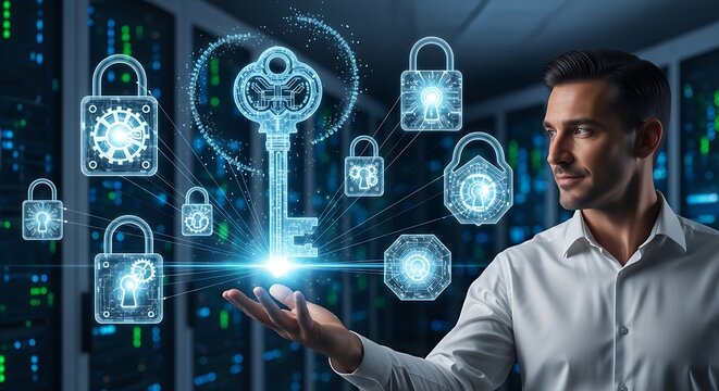 Universal access or Single Sign-On (SSO). An IT professional's hands use a holographic 'master key' to open several 'padlocks' simultaneously, representing SSO.