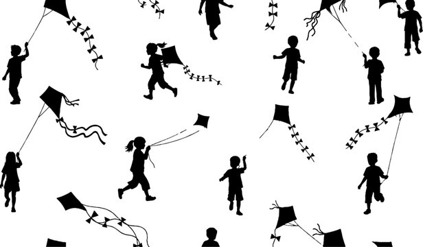 Silhouette Children Flying Kites Playful Pattern Design Graphics.