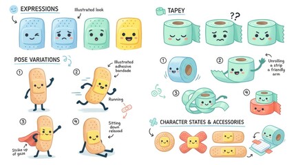 Obraz premium Illustrated Cartoon Characters and Expressions with Various Poses and Accessories.
