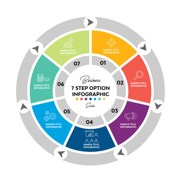 Circle chart diagram infographic arrow with 7 option steps for business presentations or visual reports. Editable vector illustration.
