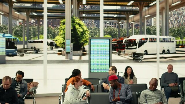 Man in traditional African clothing and woman waiting at bus station, couple traveling via interstate coach. Passengers monitor timetable screen departure board while preparing bags, migration.