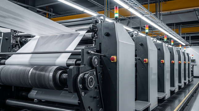 Modern printing machine in industrial facility, large scale production for commercial paper goods with advanced technology and automated processes, intricate machinery details visible and clear.
