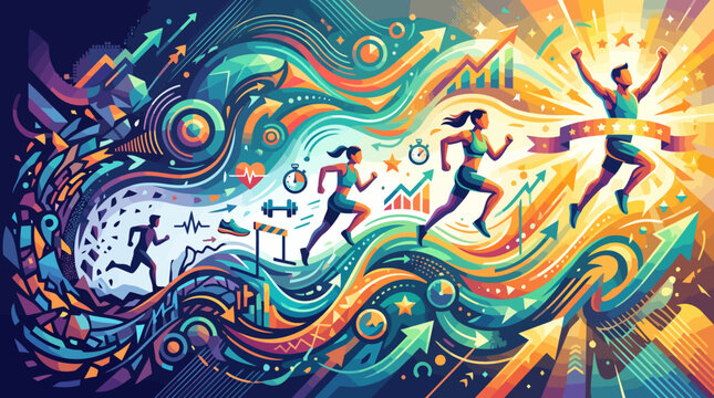 Athletes running towards success with colorful abstract background.