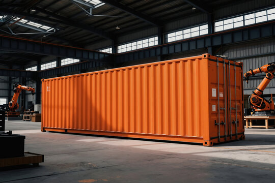 Large orange shipping container sits inside industrial warehouse. Robotic arms and prefabricated parts visible in background. Automated factory production line at modern manufacturing facility.