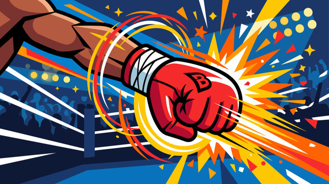 Boxing glove punch impact explosion motion lines colorful.