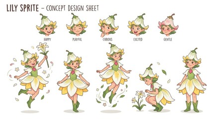 Obraz premium Lily Sprite Concept Design Sheet - Adorable Floral Fairy Character Illustrations.