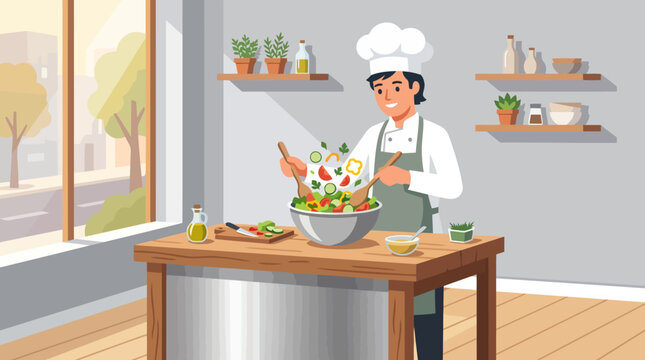 Chef preparing a fresh vegetable salad in a modern kitchen.