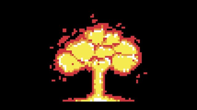 Pixel Art red Mushroom Explosion Animation &ndash; Retro Nuclear Blast Game VFX Effect. with fiery atomic blast effect. Ideal for 2D games, arcade shooters, indie game projects, and retro style VFX assets.