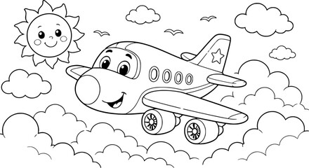 Obraz premium Cute cartoon airplane and smiling sun flying through the clouds, a fun illustration for children's coloring pages