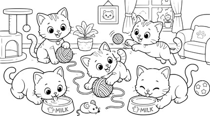 Obraz premium An engaging scene featuring five adorable cartoon kittens joyfully playing, eating, and interacting in a cozy domestic room, designed as a delightful outline for a children's coloring page