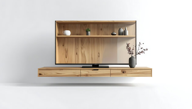 Modern wooden entertainment center with a large flat screen TV, floating shelf, and decorative vase, clean interior design, home media setup