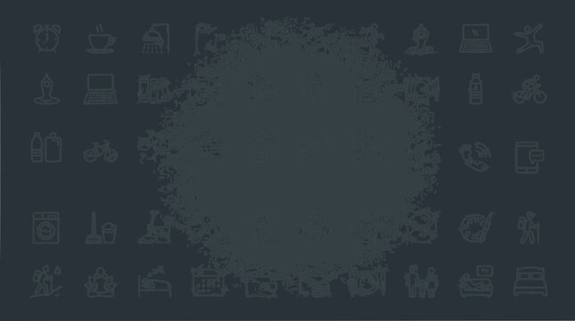 Diverse Icons Set on Dark Background: Lifestyle, Home, Technology, Nature, Travel