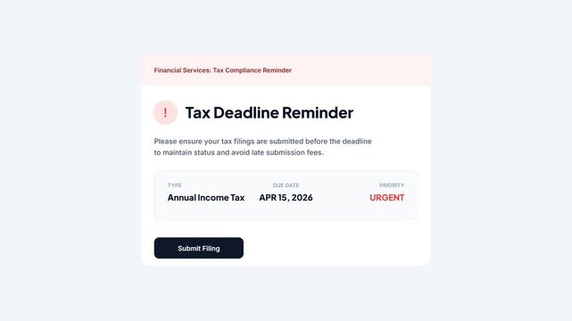 Financial services tax deadline reminder interface with urgent priority status and submit filing button animation