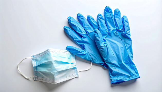 Medical face mask and blue latex gloves on a light gray background, protection against viruses, hygiene and healthcare