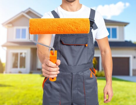 House painter holding orange paint roller in front of suburban home, home renovation service, exterior painting, maintenance
