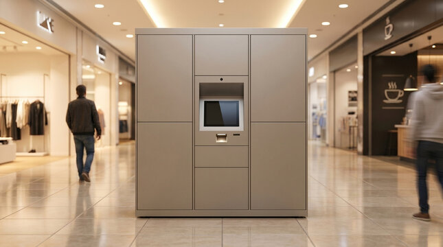 Automated parcel locker system in shopping mall for package delivery and pickup, modern retail convenience for customers shopping and online orders.