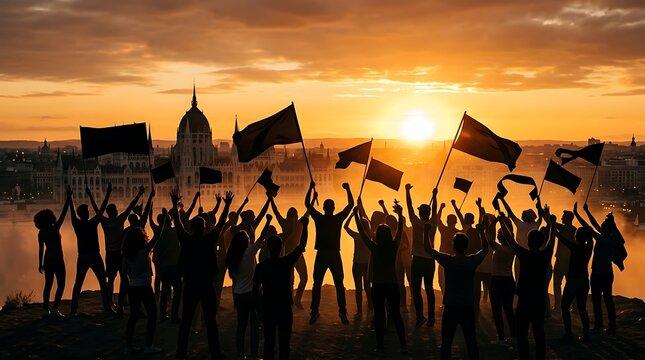 Democracy Day Protest Crowd with Flags at Sunset