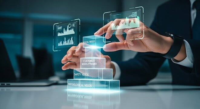 Customer needs hierarchy. A business strategist's hands build a 'pyramid of needs' for customers with holographic blocks, placing the foundation first.