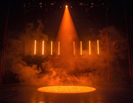 Orange spotlight on dark stage, smoke haze, vertical light bars, theater lighting, concert performance backdrop
