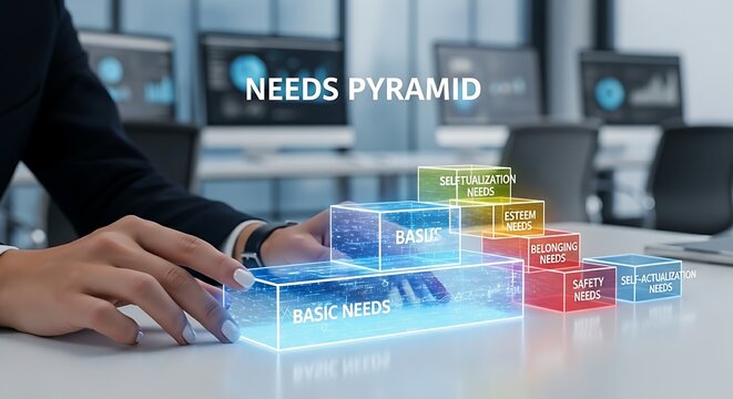Customer needs hierarchy. A business strategist's hands build a 'pyramid of needs' for customers with holographic blocks, placing the foundation first.