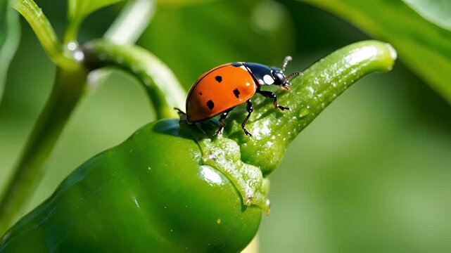 Closeup of a ladybug on a green pepper plant in sunlight.