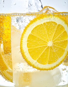Lemon slices in sparkling water, fresh citrus drink, clear glass, bubbles, healthy refreshment