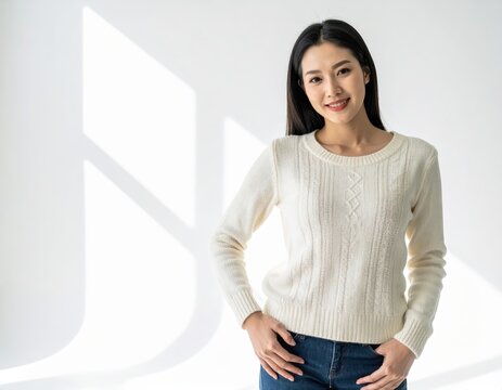Smiling woman in white sweater and jeans, bright studio light, casual fashion portrait, clean minimalist commercial style
