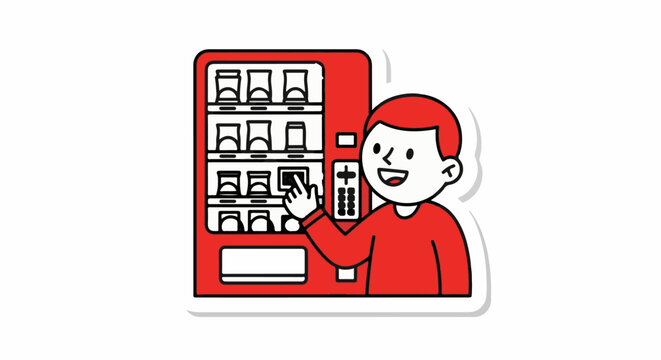 Happy person selecting drink from vending machine illustration.