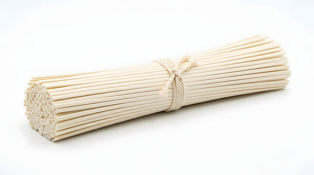 Neatly tied bundle of dry, thick Japanese udon noodles, isolated on a solid white background