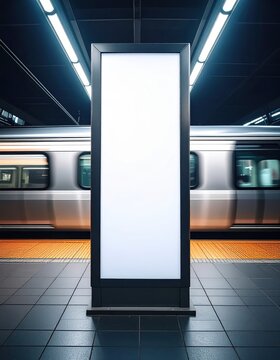 Blank subway billboard at train platform, illuminated advertising display, modern metro station, commercial promotion