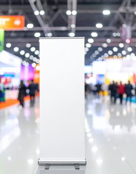 Blank roll up banner at trade show, exhibition hall, blurred crowd, copy space, event marketing display