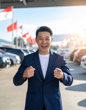 Smiling man in navy blazer pointing forward at car dealership with red flags and parked cars, sales promotion, outdoor business marketing