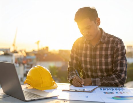 Civil engineer writing plans, yellow hard hat, laptop, charts, rooftop worksite, sunset light, project management, construction planning