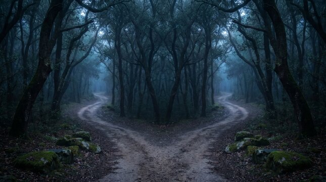A spooky forest with two diverging paths shrouded in mist and darkness, evoking a sense of mystery and choice