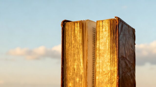 Open book with golden pages against sky