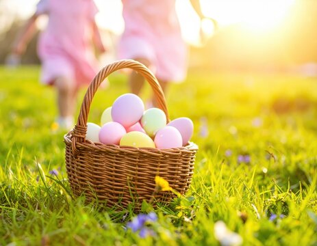 Easter basket with pastel eggs on grass, children in pink dresses, spring holiday, festive celebration