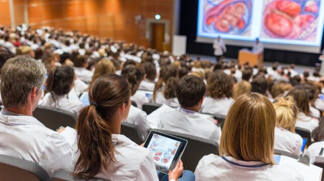 Medical students attending university lecture in large auditorium with digital anatomy presentation. Healthcare education, academic training and modern medical learning concept