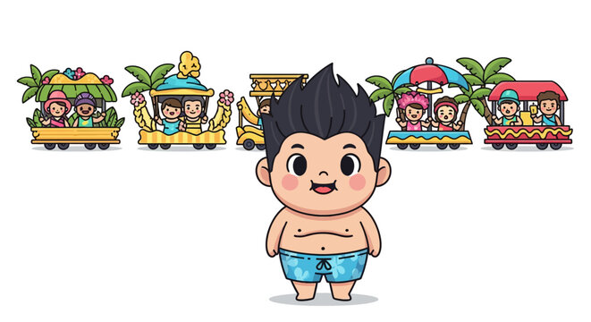 Cute cartoon boy in swim trunks with tropical trains.