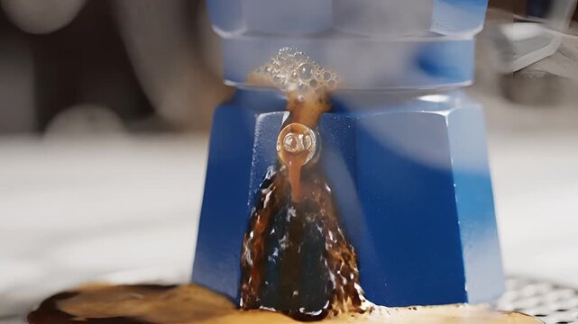Closeup of rich espresso pouring from a blue Moka pot.
