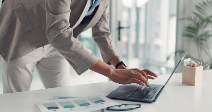 Laptop, documents and hands of business man for finance review, budget report and revenue graph. Professional, corporate and person on computer for typing financial growth, planning and proposal