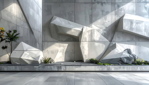 modern interior design with geometric concrete walls, large angular stone sculptures, and sparse greenery, bathed in dramatic light and shadow