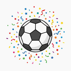 Naklejka premium Soccer ball with colorful confetti and streamers celebrating a win or championship event